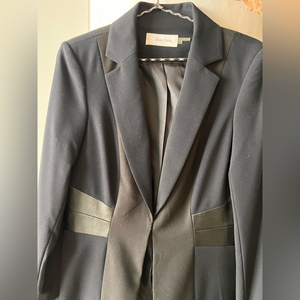 NWT Calvin Klein Blazer, dark navy with black leather accents; size 8.